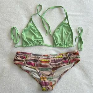 Vintage VS Zipper Bikini Bottom Surf Board Print Breakwater Top Swimsuit M & L